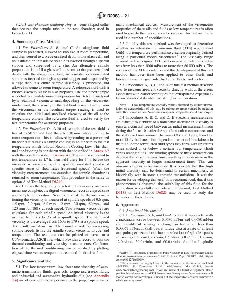 ASTM D2983-21 - Standard Test Method for  Low-Temperature Viscosity of Automatic Transmission Fluids,  Hydraulic Fluids, and Lubricants using a Rotational Viscometer