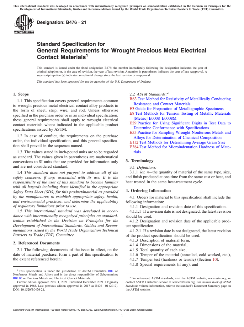 ASTM B476-21 - Standard Specification for General Requirements for Wrought Precious Metal Electrical  Contact  Materials