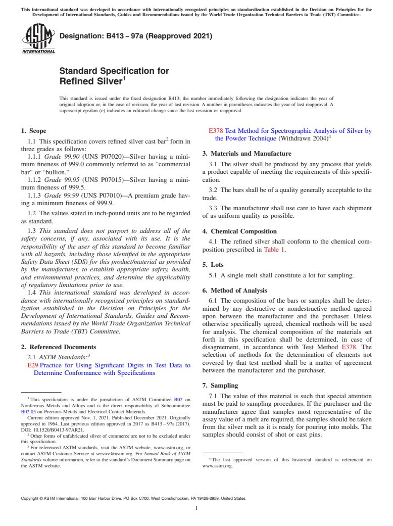 ASTM B413-97a(2021) - Standard Specification for Refined Silver