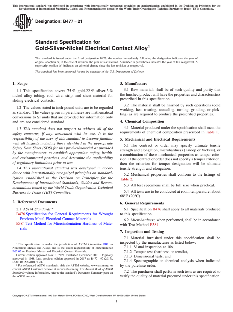 ASTM B477-21 - Standard Specification for Gold-Silver-Nickel Electrical Contact Alloy
