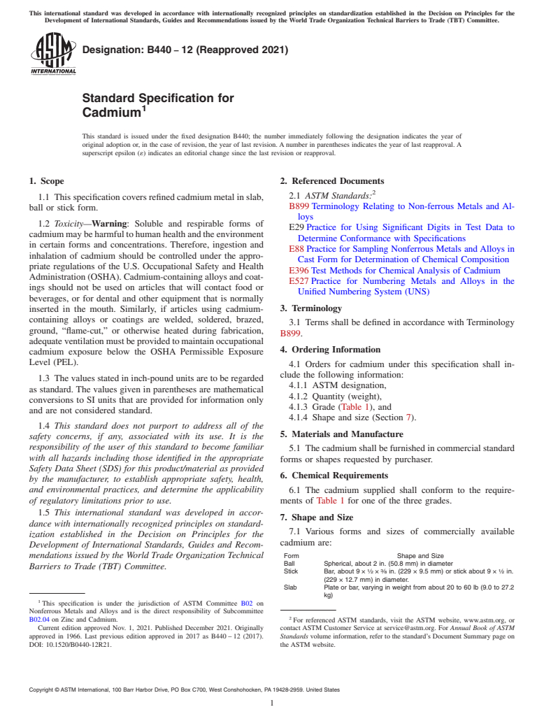 ASTM B440-12(2021) - Standard Specification for Cadmium