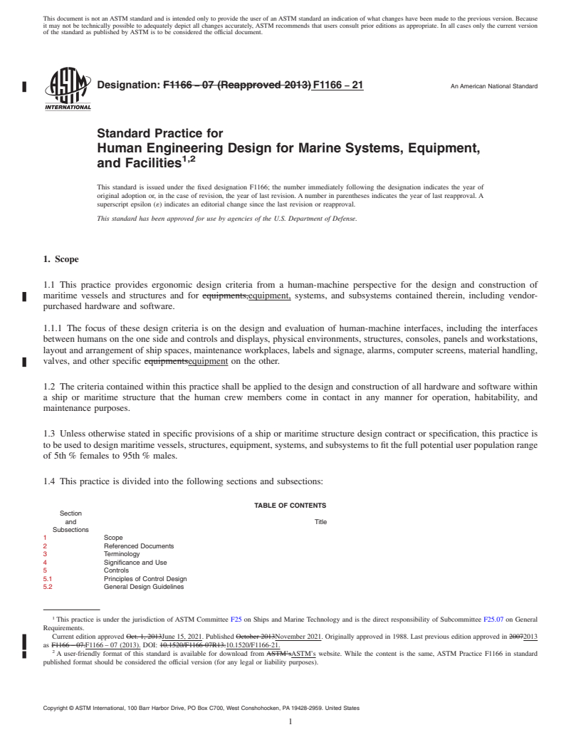 REDLINE ASTM F1166-21 - Standard Practice for Human Engineering Design for Marine Systems, Equipment, and  Facilities<rangeref></rangeref  >