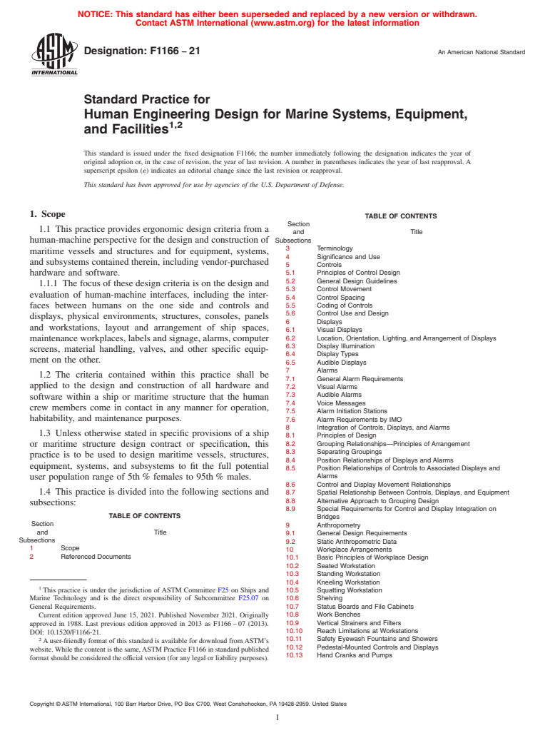 ASTM F1166-21 - Standard Practice for Human Engineering Design for Marine Systems, Equipment, and  Facilities<rangeref></rangeref  >