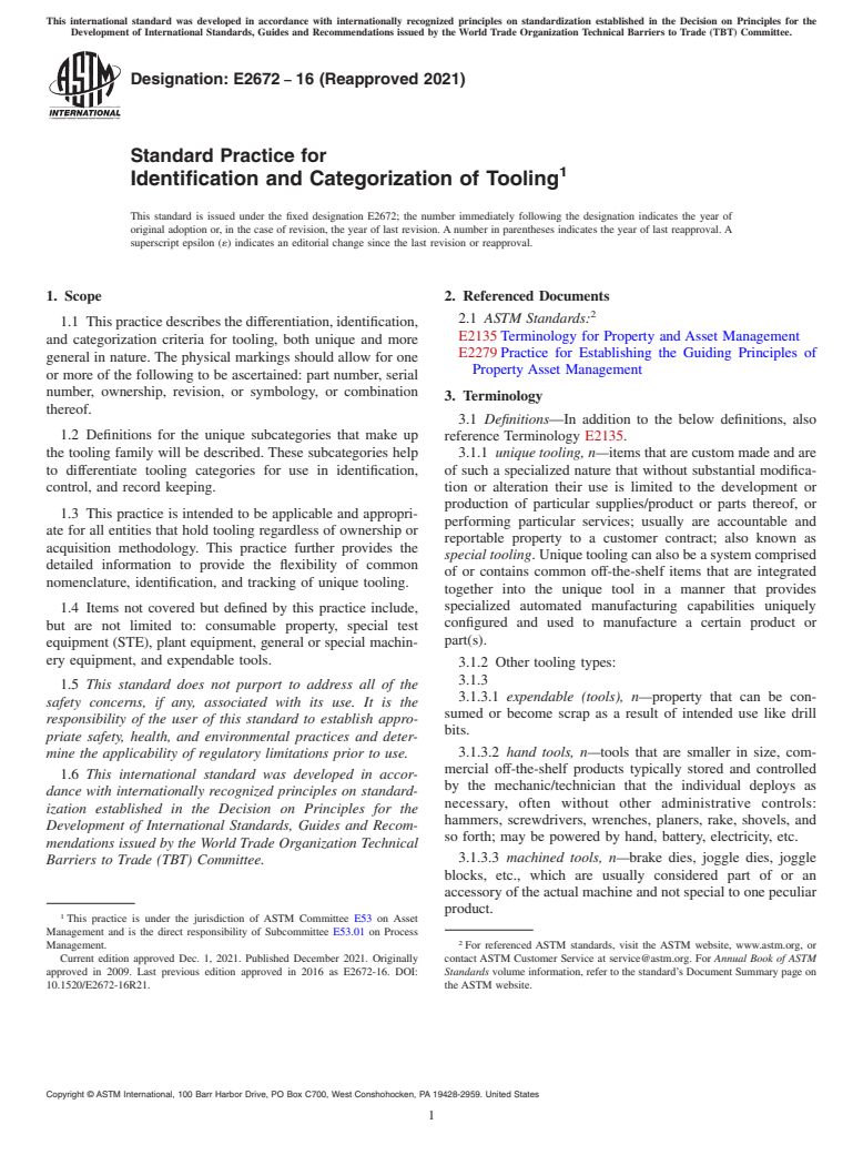 ASTM E2672-16(2021) - Standard Practice for Identification and Categorization of Tooling