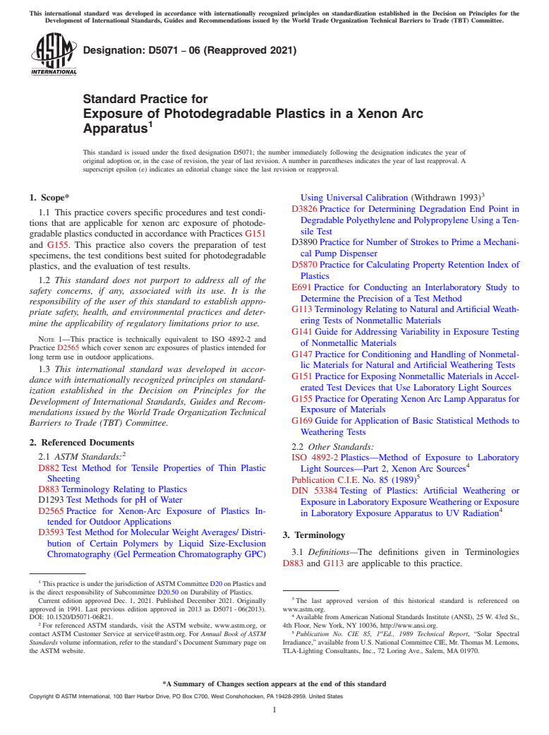 ASTM D5071-06(2021) - Standard Practice for  Exposure of Photodegradable Plastics in a Xenon Arc Apparatus