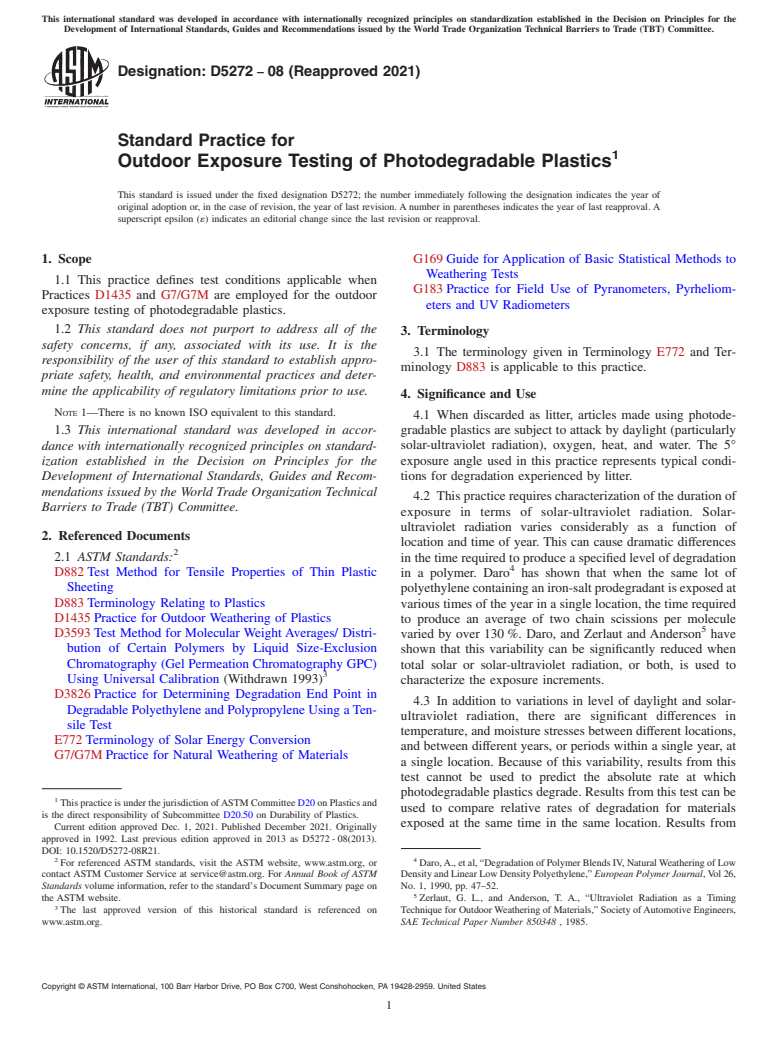 ASTM D5272-08(2021) - Standard Practice for  Outdoor Exposure Testing of Photodegradable Plastics