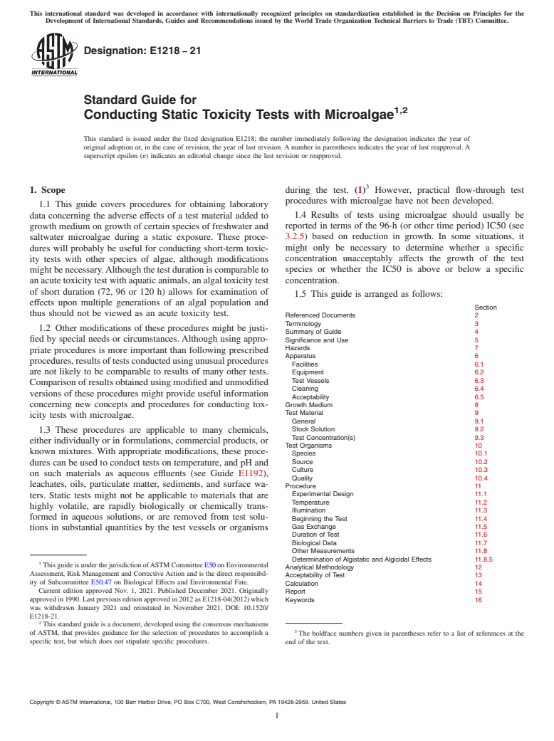 ASTM E1218-21 - Standard Guide for  Conducting Static Toxicity Tests with Microalgae