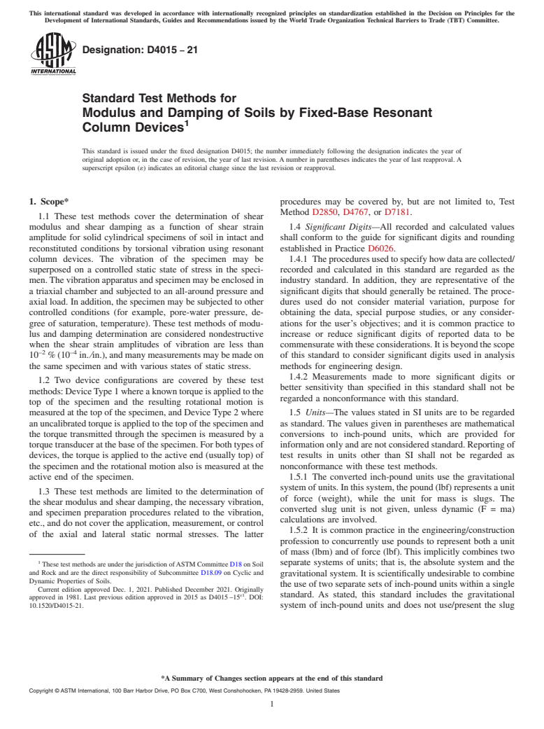 ASTM D4015-21 - Standard Test Methods for  Modulus and Damping of Soils by Fixed-Base Resonant Column  Devices