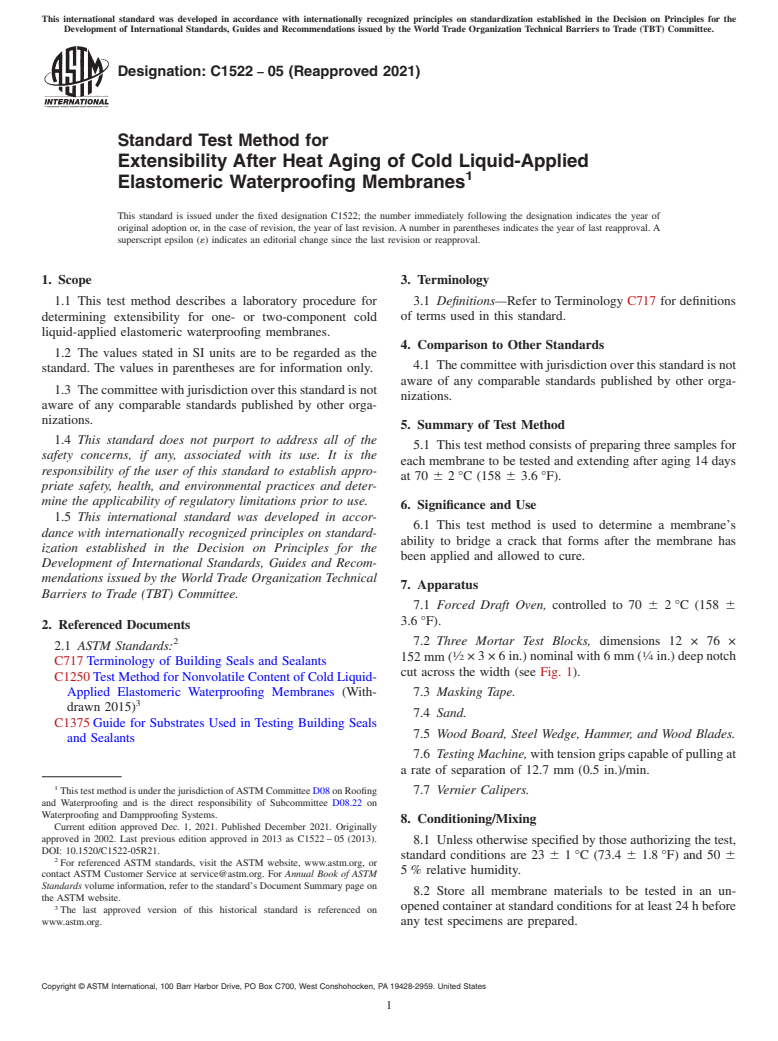 ASTM C1522-05(2021) - Standard Test Method for  Extensibility After Heat Aging of Cold Liquid-Applied Elastomeric  Waterproofing Membranes