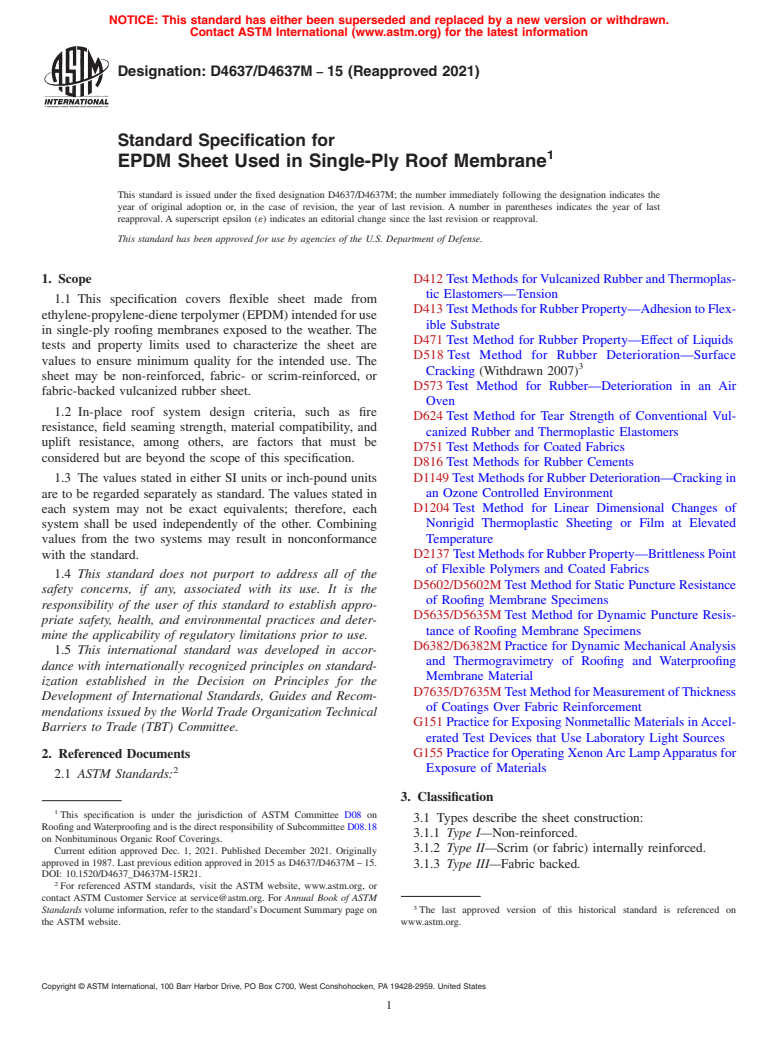 ASTM D4637/D4637M-15(2021) - Standard Specification for  EPDM Sheet Used in Single-Ply Roof Membrane