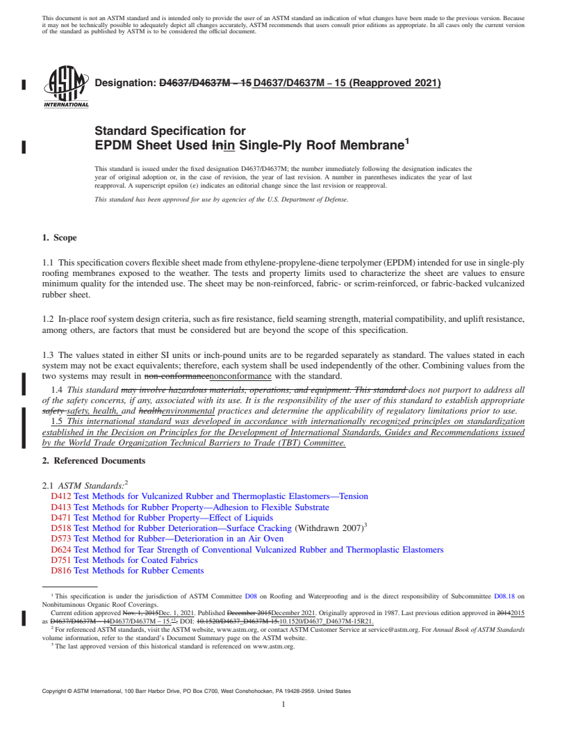 REDLINE ASTM D4637/D4637M-15(2021) - Standard Specification for  EPDM Sheet Used in Single-Ply Roof Membrane