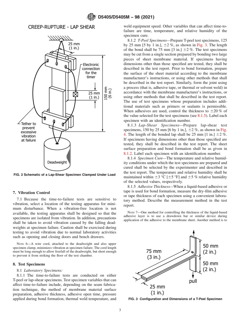 ASTM D5405/D5405M-98(2021) - Standard Test Method for  Conducting Time-to-Failure (Creep-Rupture) Tests of Joints   Fabricated from Nonbituminous Organic Roof Membrane Material