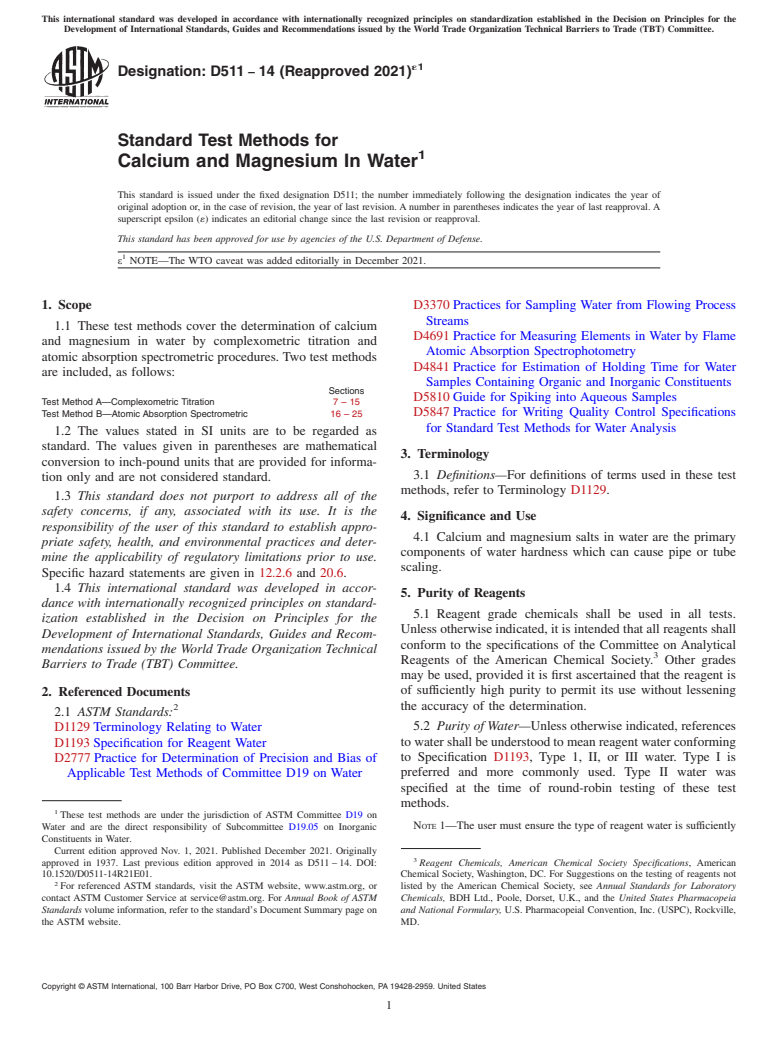 ASTM D511-14(2021)e1 - Standard Test Methods for  Calcium and Magnesium In Water