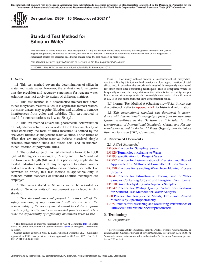 ASTM D859-16(2021)e1 - Standard Test Method for  Silica in Water