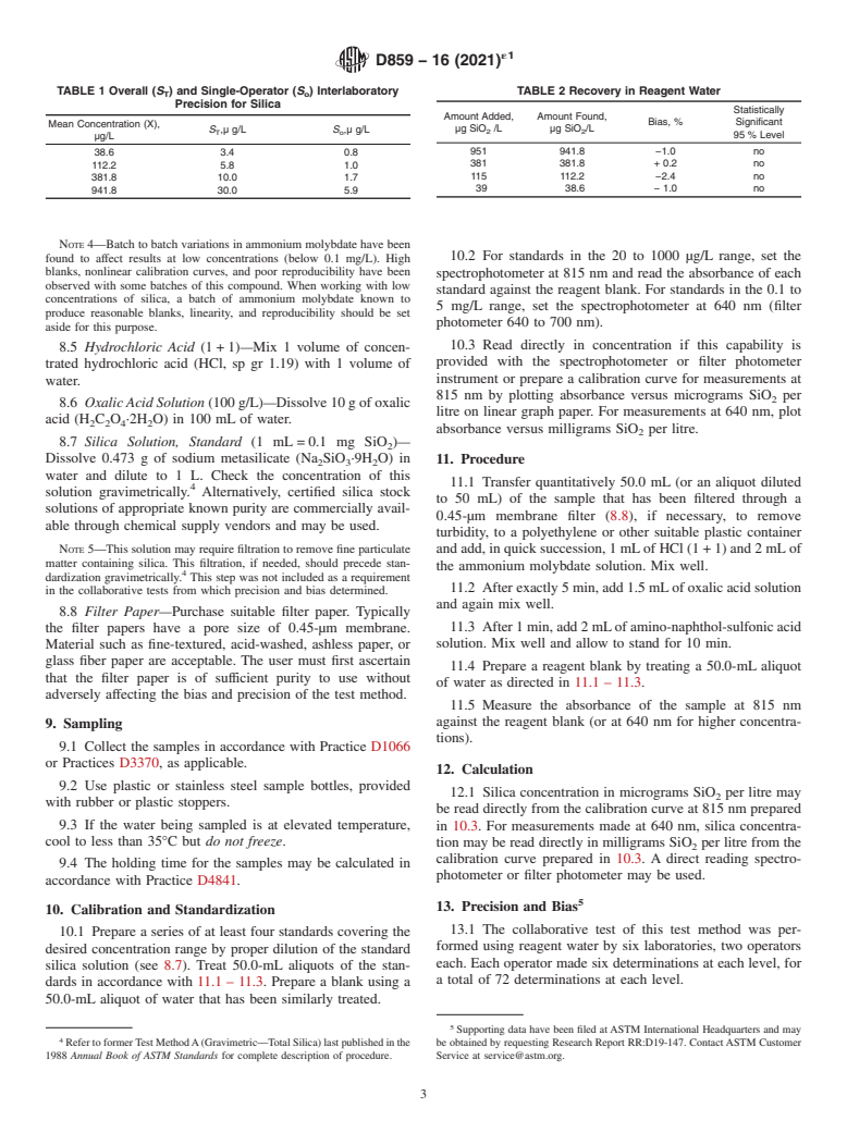 ASTM D859-16(2021)e1 - Standard Test Method for  Silica in Water