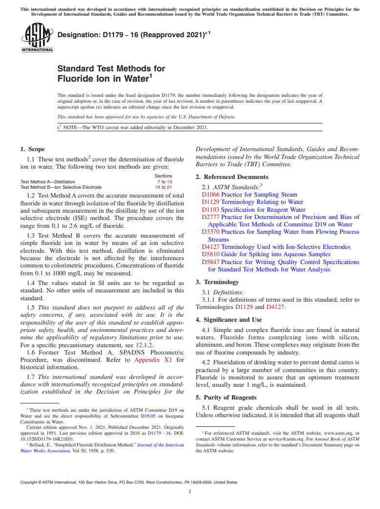 ASTM D1179-16(2021)e1 - Standard Test Methods for  Fluoride Ion in Water