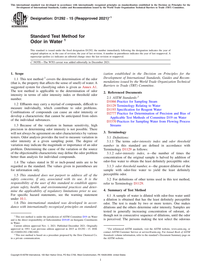 ASTM D1292-15(2021)e1 - Standard Test Method for  Odor in Water