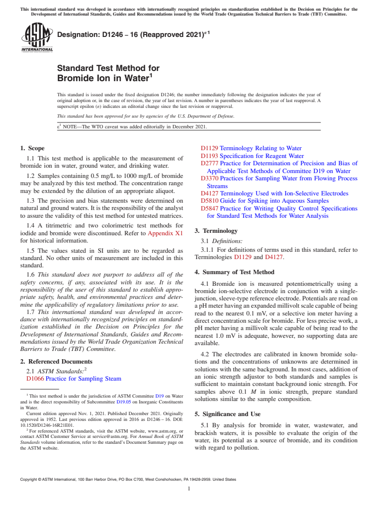 ASTM D1246-16(2021)e1 - Standard Test Method for  Bromide Ion in Water