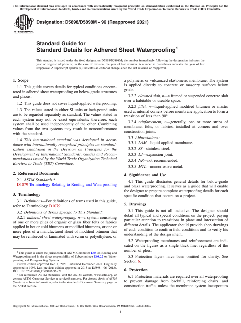 ASTM D5898/D5898M-96(2021) - Standard Guide for  Standard Details for Adhered Sheet Waterproofing