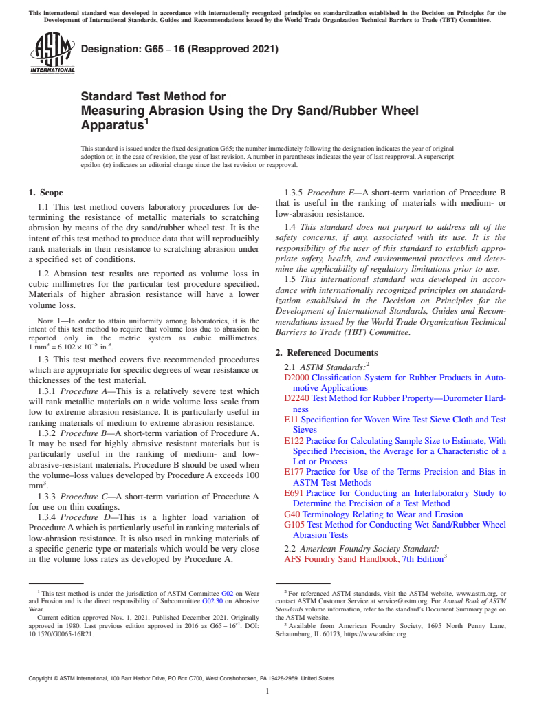 ASTM G65-16(2021) - Standard Test Method for Measuring Abrasion Using the Dry Sand/Rubber Wheel Apparatus