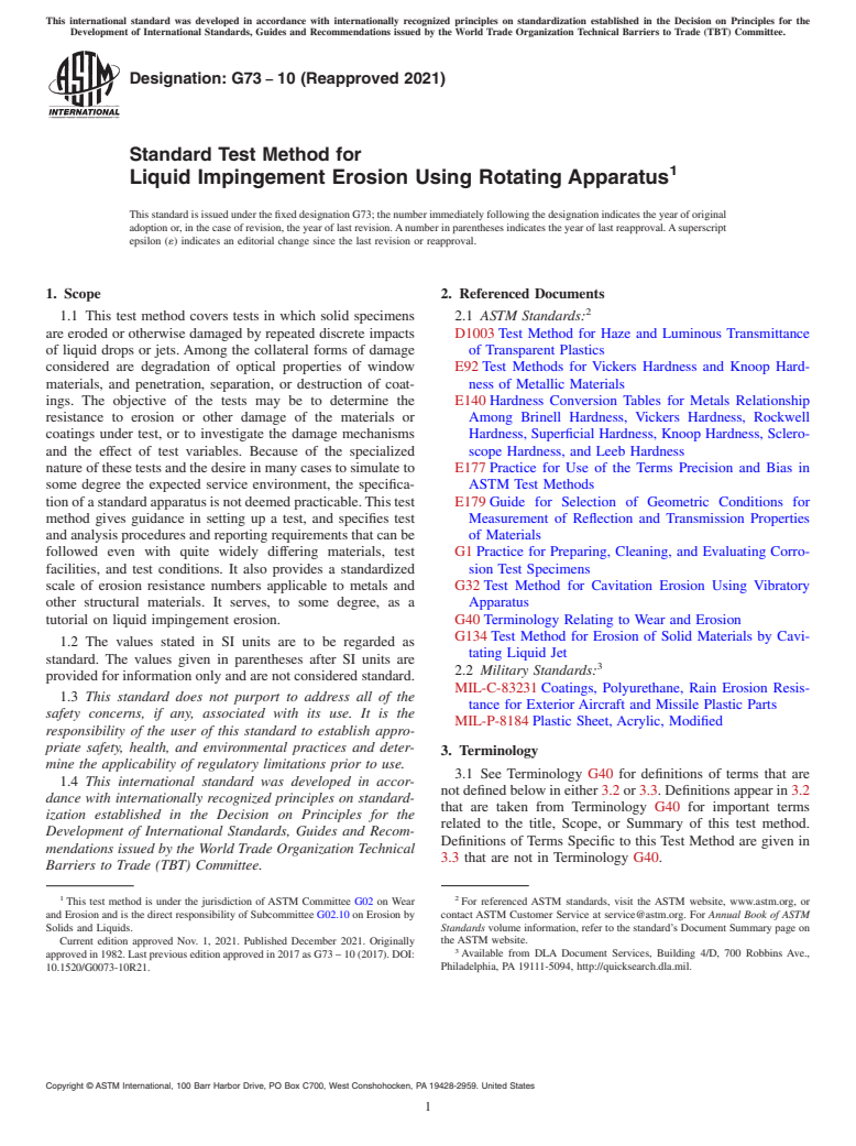 ASTM G73-10(2021) - Standard Test Method for Liquid Impingement Erosion Using Rotating Apparatus