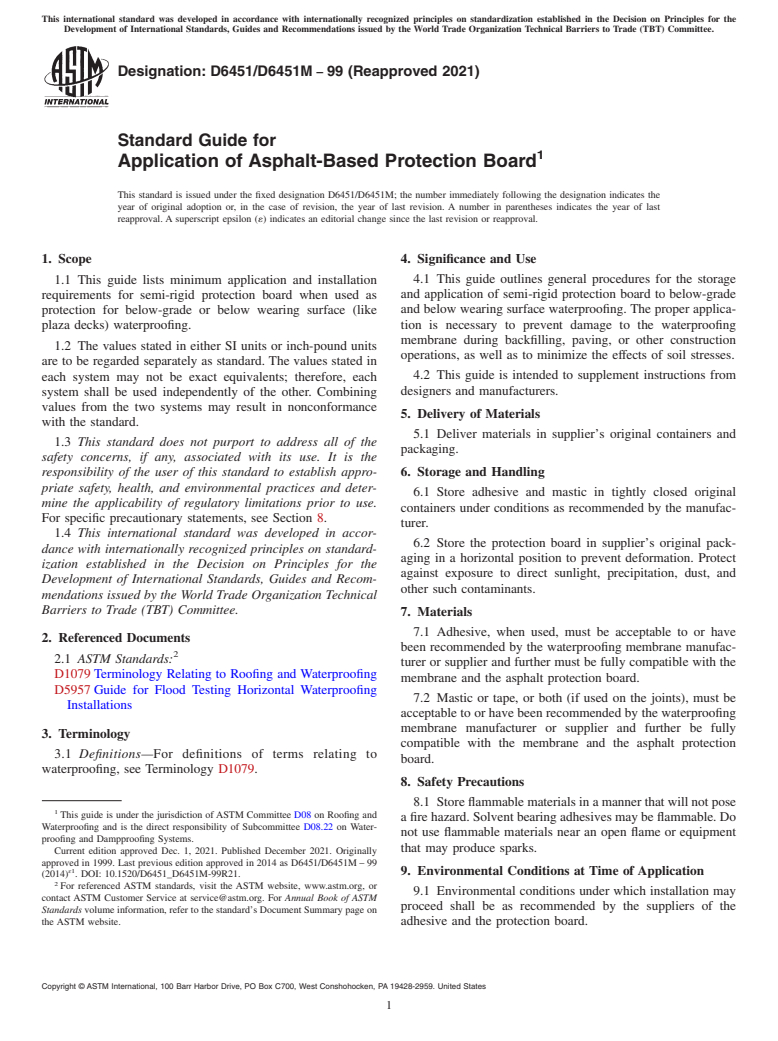 ASTM D6451/D6451M-99(2021) - Standard Guide for  Application of Asphalt-Based Protection Board