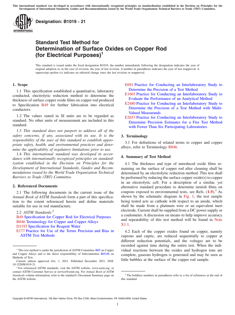 ASTM B1019-21 - Standard Test Method for Determination of Surface Oxides on Copper Rod<brk/>(for Electrical  Purposes)