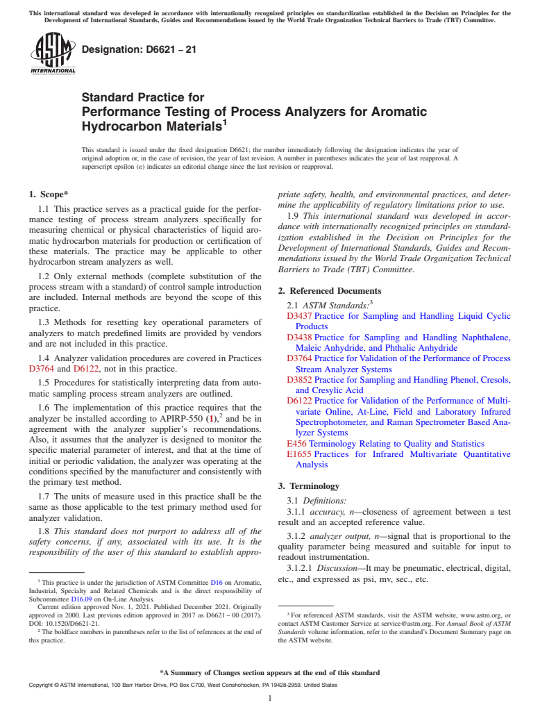 ASTM D6621-21 - Standard Practice for Performance Testing of Process Analyzers for Aromatic Hydrocarbon  Materials