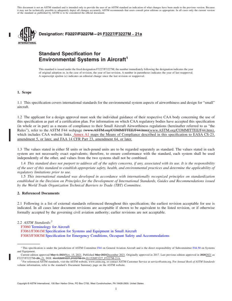 REDLINE ASTM F3227/F3227M-21a - Standard Specification for Environmental Systems in Aircraft