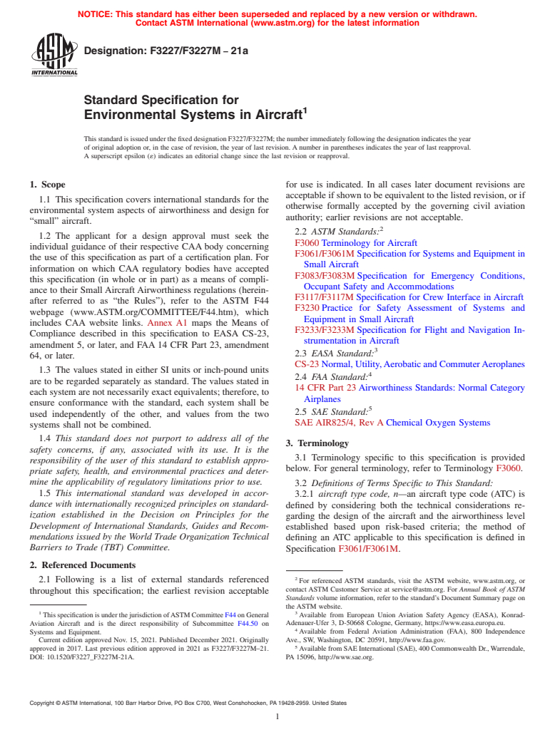 ASTM F3227/F3227M-21a - Standard Specification for Environmental Systems in Aircraft