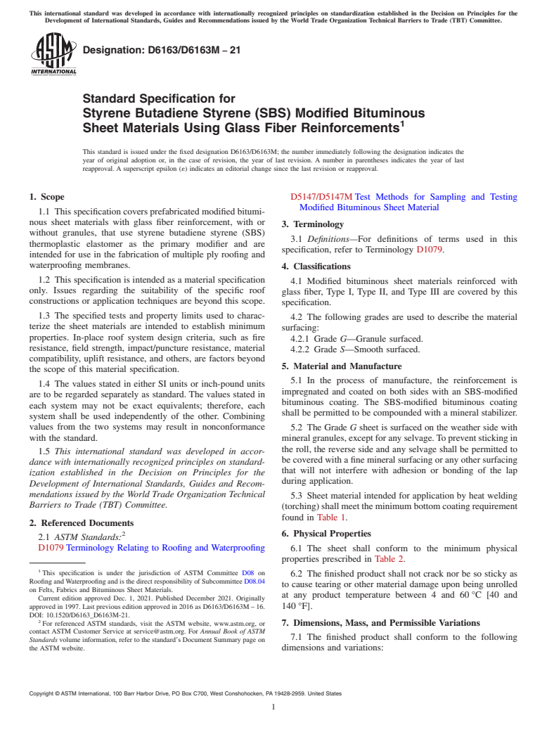 ASTM D6163/D6163M-21 - Standard Specification for  Styrene Butadiene Styrene (SBS) Modified Bituminous Sheet Materials  Using Glass Fiber Reinforcements