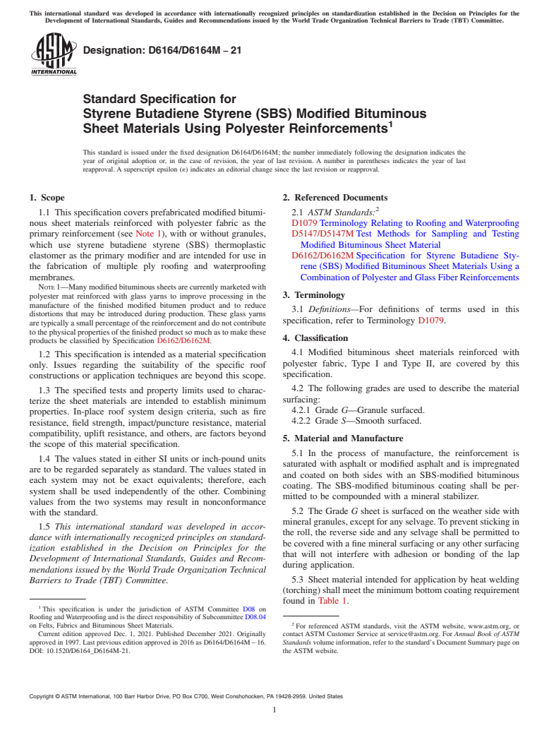 ASTM D6164/D6164M-21 - Standard Specification for  Styrene Butadiene Styrene (SBS) Modified Bituminous Sheet Materials   Using Polyester Reinforcements