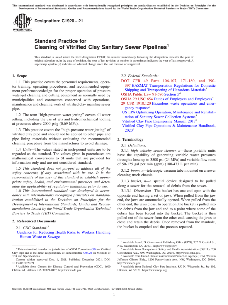 ASTM C1920-21 - Standard Practice for Cleaning of Vitrified Clay Sanitary Sewer Pipelines