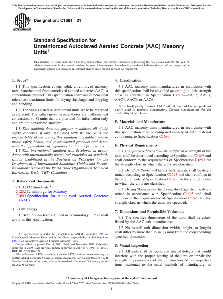 ASTM C1691-21 - Standard Specification for  Unreinforced Autoclaved Aerated Concrete (AAC) Masonry Units