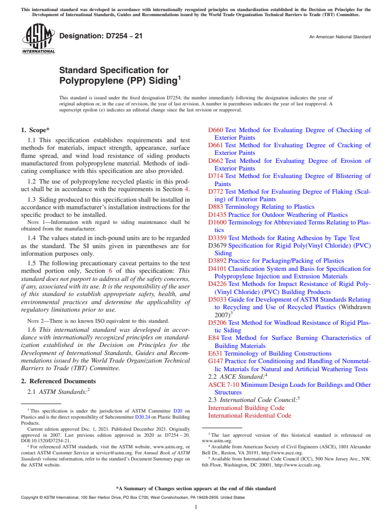 ASTM D7254-21 - Standard Specification for  Polypropylene (PP) Siding