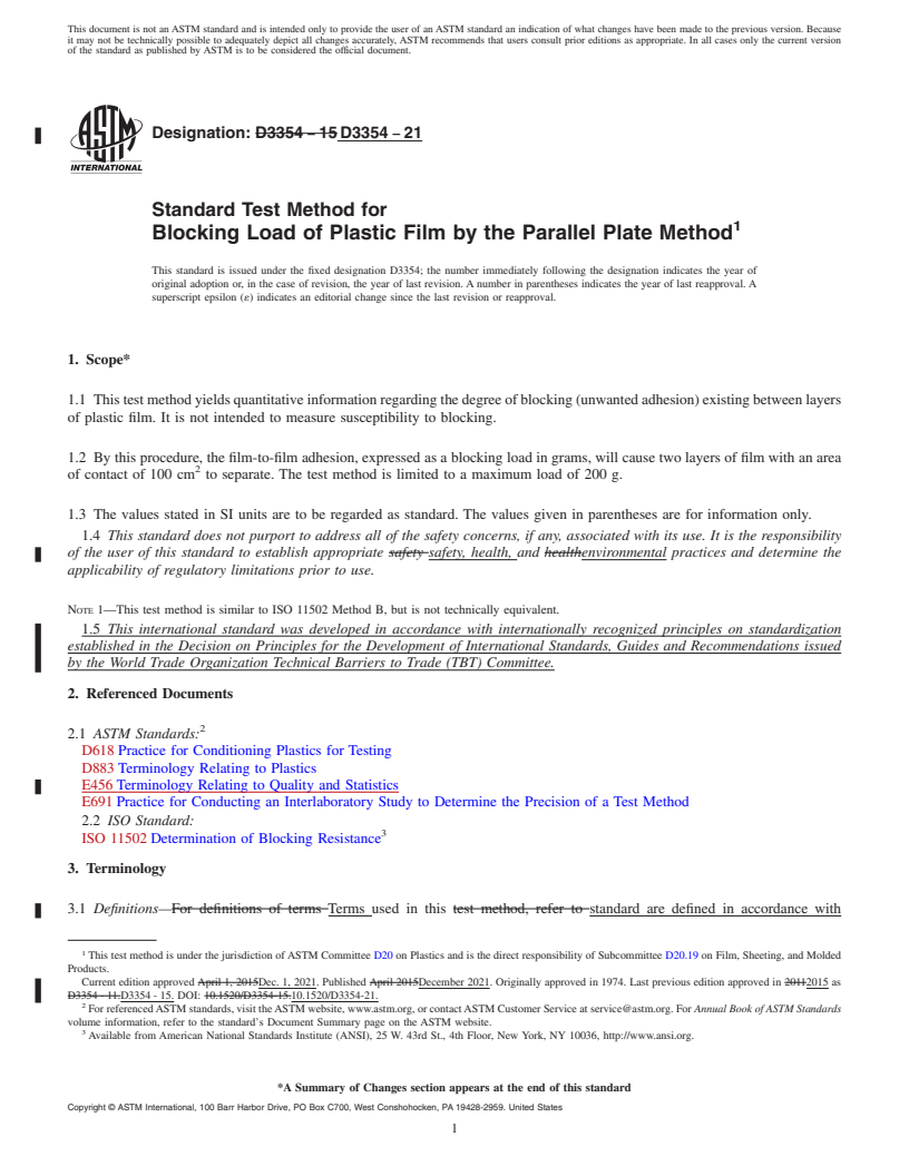 REDLINE ASTM D3354-21 - Standard Test Method for  Blocking Load of Plastic Film by the Parallel Plate Method