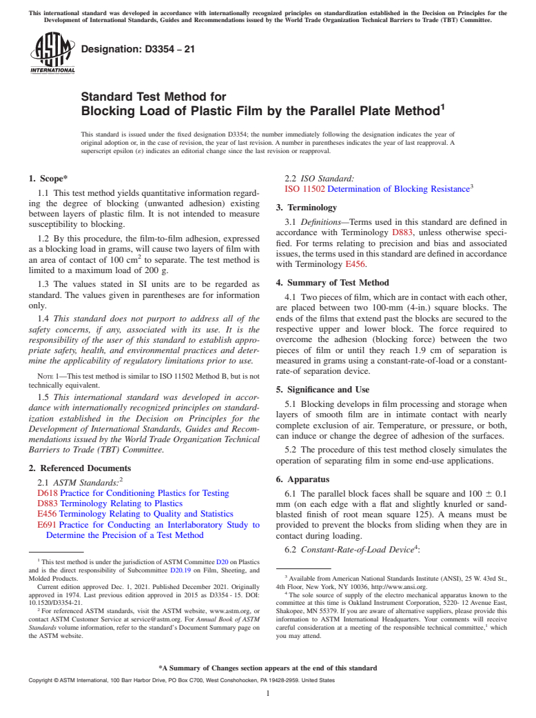 ASTM D3354-21 - Standard Test Method for  Blocking Load of Plastic Film by the Parallel Plate Method