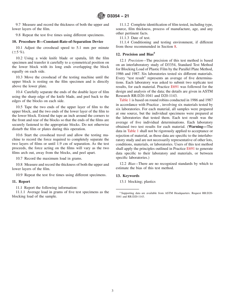 ASTM D3354-21 - Standard Test Method for  Blocking Load of Plastic Film by the Parallel Plate Method