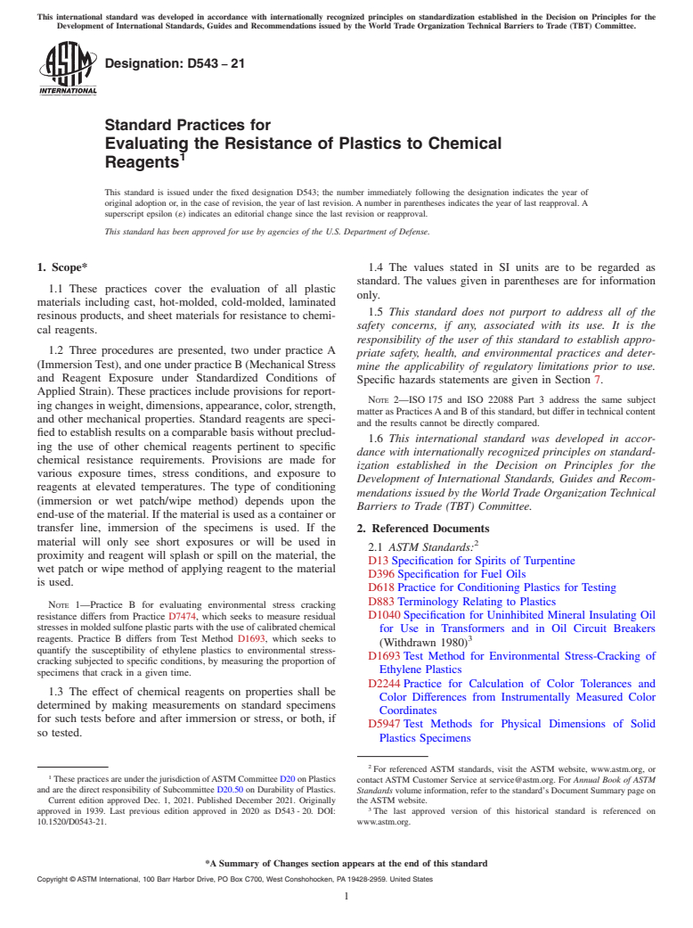ASTM D543-21 - Standard Practices for Evaluating the Resistance of Plastics to Chemical Reagents