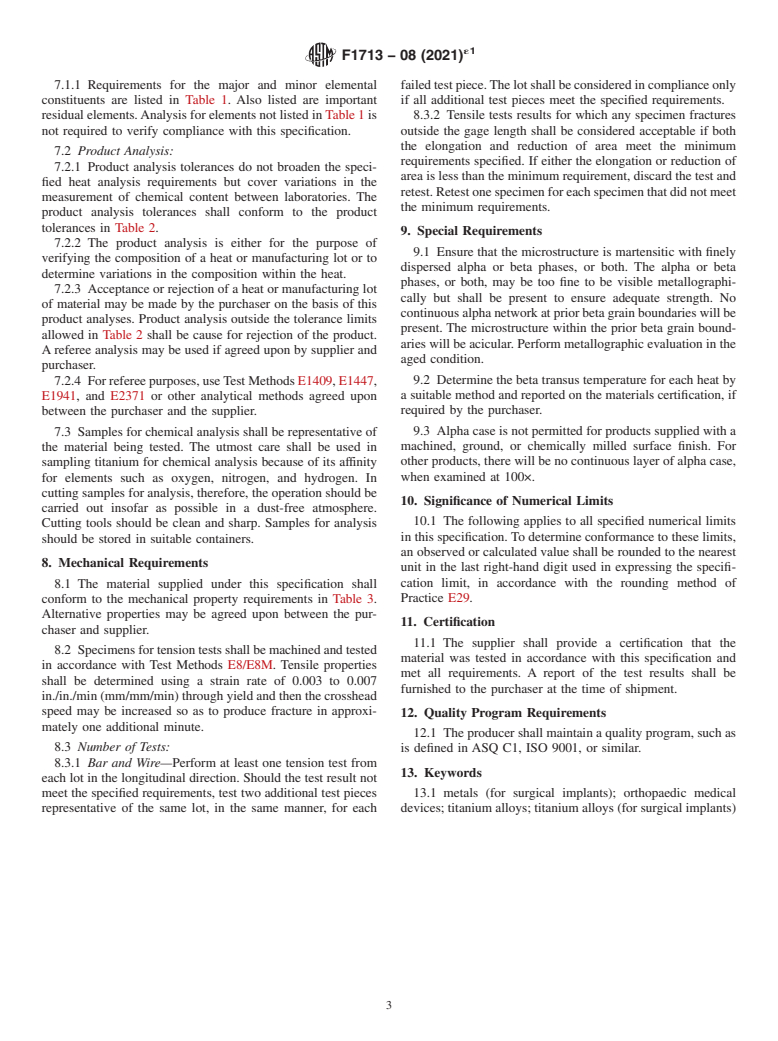 ASTM F1713-08(2021)e1 - Standard Specification for  Wrought Titanium-13Niobium-13Zirconium Alloy for Surgical Implant  Applications (UNS R58130)