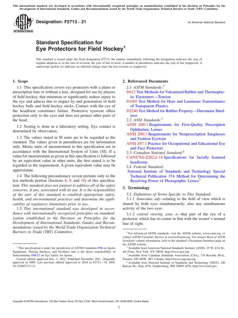 ASTM F2713-21 - Standard Specification for Eye Protectors for Field Hockey