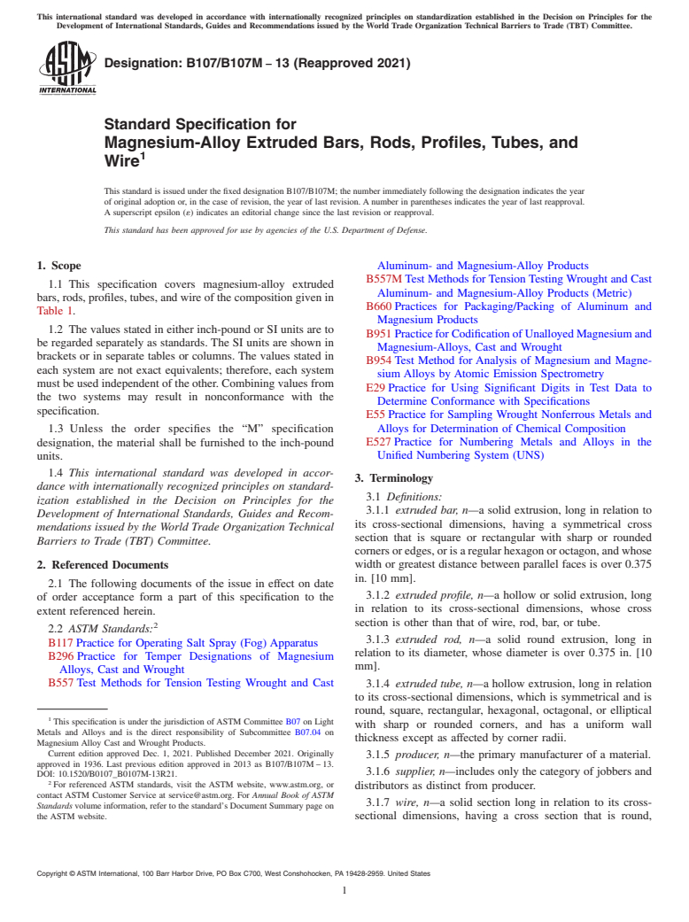 ASTM B107/B107M-13(2021) - Standard Specification for  Magnesium-Alloy Extruded Bars, Rods, Profiles, Tubes, and Wire