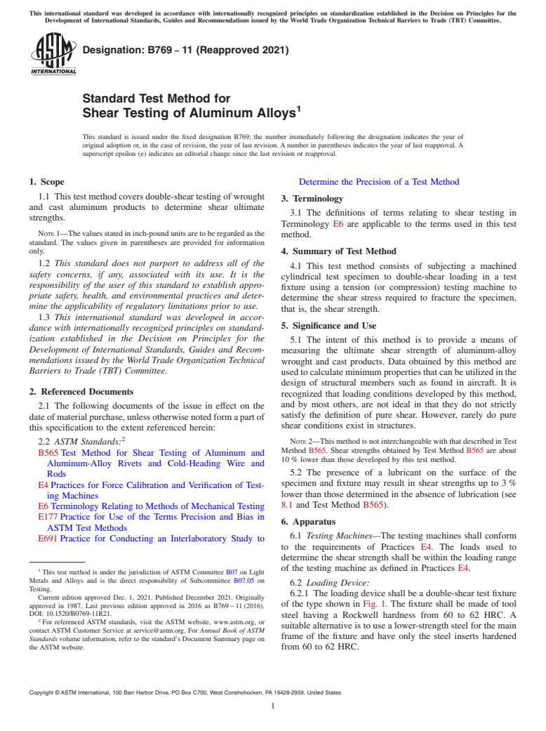 ASTM B769-11(2021) - Standard Test Method for  Shear Testing of Aluminum Alloys