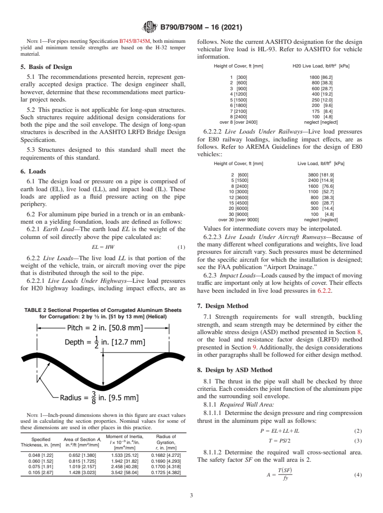 ASTM B790/B790M-16(2021) - Standard Practice for  Structural Design of Corrugated Aluminum Pipe, Pipe-Arches,  and Arches for Culverts, Storm Sewers, and Other Buried Conduits