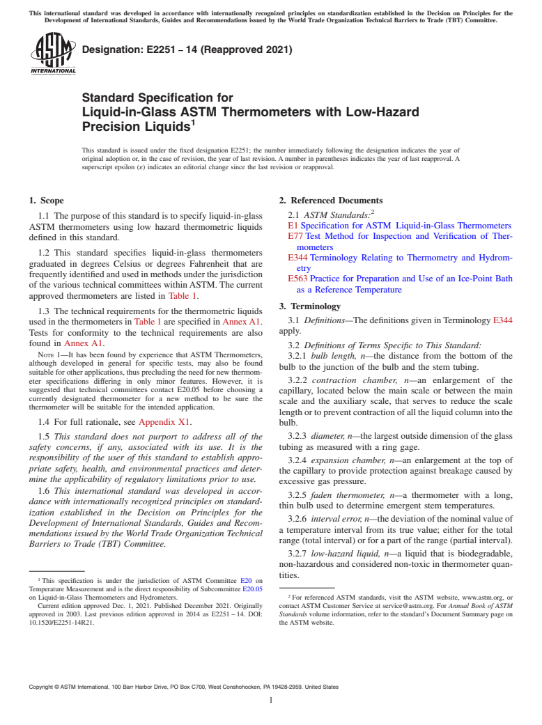 ASTM E2251-14(2021) - Standard Specification for  Liquid-in-Glass ASTM Thermometers with Low-Hazard Precision   Liquids