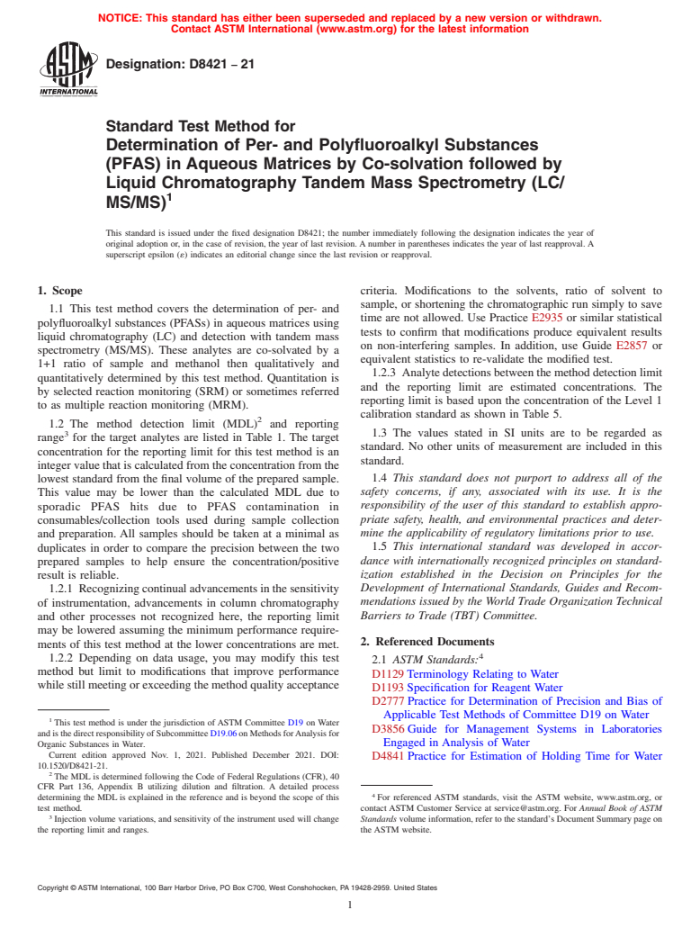 ASTM D8421-21 - Standard Test Method for Determination of Per- and Polyfluoroalkyl Substances (PFAS)  in Aqueous Matrices by Co-solvation followed by Liquid Chromatography  Tandem Mass Spectrometry (LC/MS/MS)