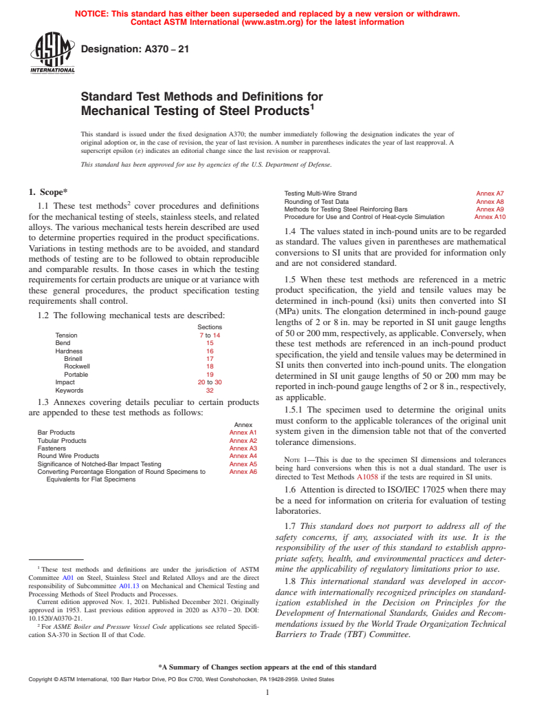 ASTM A370-21 - Standard Test Methods and Definitions for Mechanical Testing of Steel Products