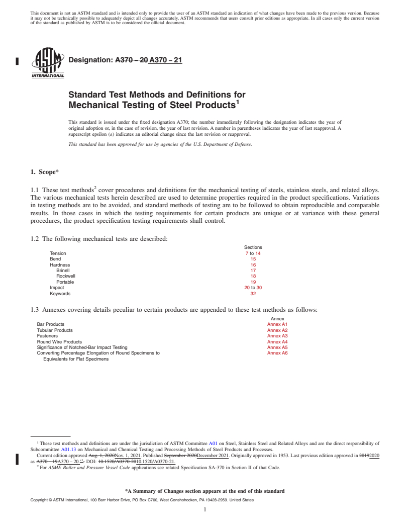 REDLINE ASTM A370-21 - Standard Test Methods and Definitions for Mechanical Testing of Steel Products