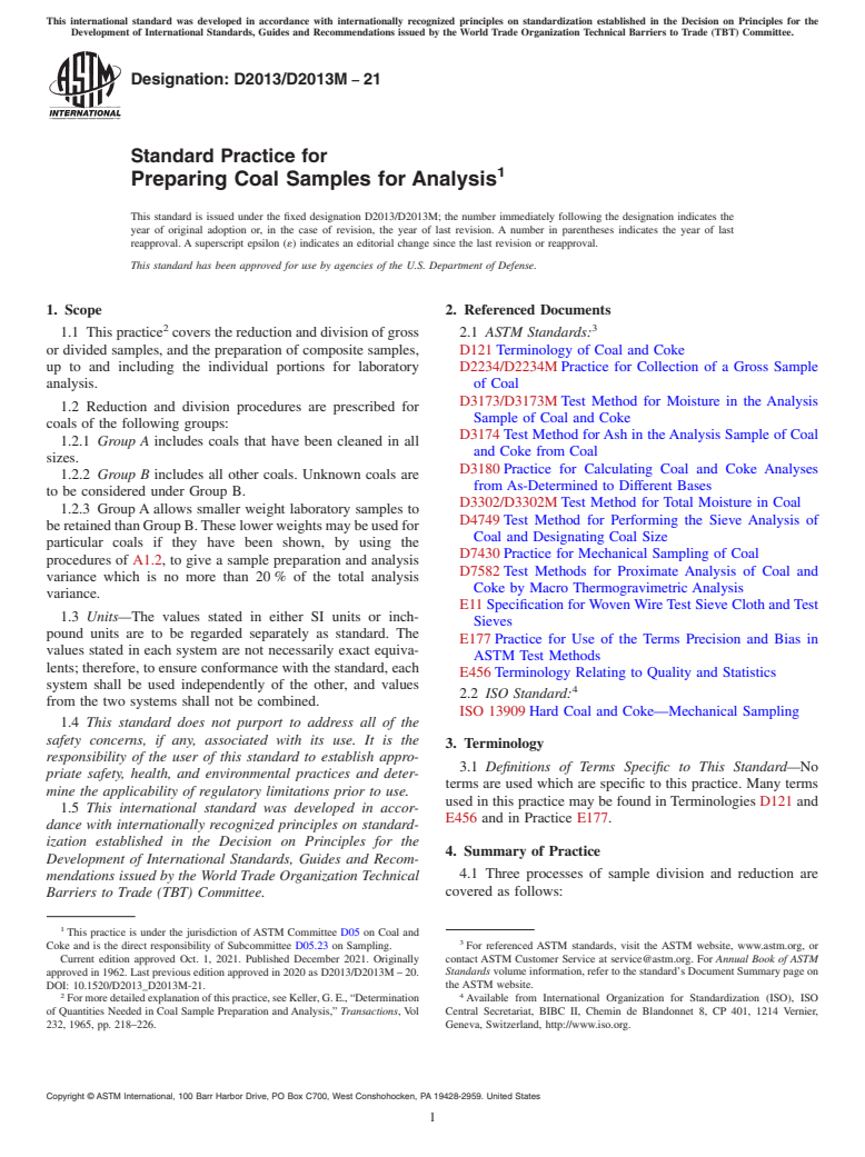 ASTM D2013/D2013M-21 - Standard Practice for  Preparing Coal Samples for Analysis