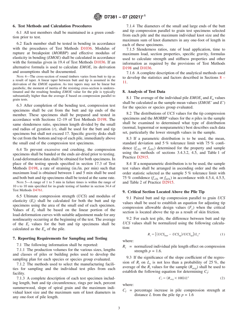 ASTM D7381-07(2021)e1 - Standard Practice for  Establishing Allowable Stresses for Round Timbers for Piles  from Tests of Full-Size Material